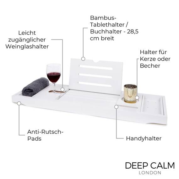 Deep Calm Badewannenablage - Verstellbares Bambus-Badewannenbrett - rutschfeste Badewannenablage Passend für die meisten Badewannen - Hält Buch, iPad, Telefon, Glas, Kerze