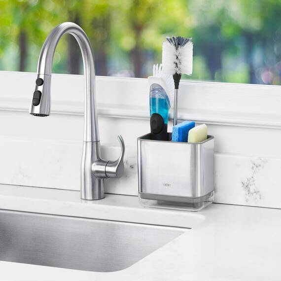 OXO Good Grips Praktischer Spülutensilien-Halter aus Edelstahl – 9,7 x 14,5 x 14 cm