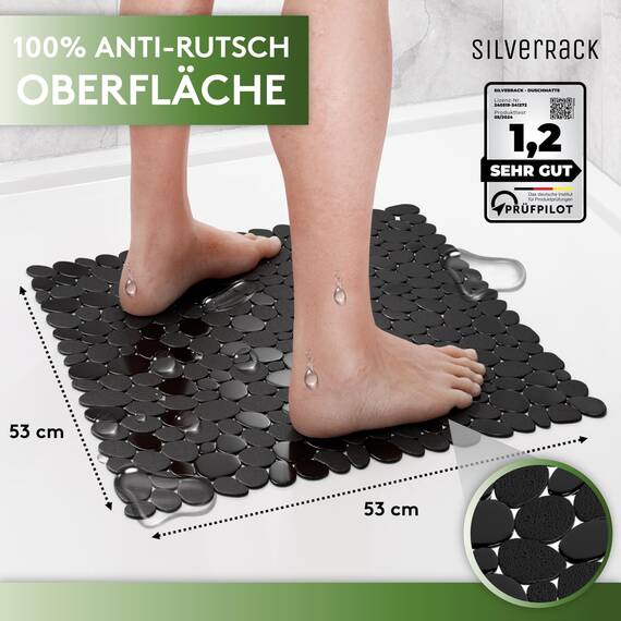 SilverRack DermaSensitivo Duschmatte rutschfest 100% BPA frei (Schwarz Kieselstein) 53x53cm für Kinder und Babys - Duschmatte rutschfest für sicheren Halt in der Dusche