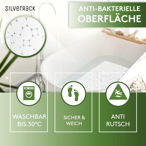 SilverRack Badewannenmatte 88x40 cm (Weiß Kiesel Steinoptik) Antirutschmatte Badewanne BPA frei - Duschmatte schimmelresistent & maschinenwaschbar - Badematte rutschfest
