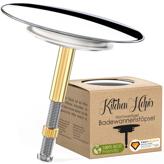 Kitchen Helpis® Badewannenstöpsel Universal, ⌀ 72 mm Stöpsel, ROSTFREI und HOCHGLANZVERCHROMT, 100% dicht Dank passgenauer Doppeldichtung, Stöpsel für alle gängigen Badewannen da höhenverstellbar