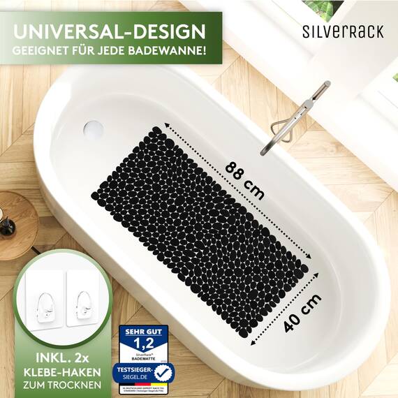 SilverRack Badewannenmatte 88x40 cm (schwarz Kiesel Steinoptik) Antirutschmatte Badewanne BPA frei - Duschmatte schimmelresistent & maschinenwaschbar - Badematte rutschfest