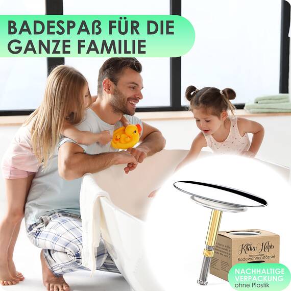 Kitchen Helpis® Badewannenstöpsel Universal, ⌀ 72 mm Stöpsel, ROSTFREI und HOCHGLANZVERCHROMT, 100% dicht Dank passgenauer Doppeldichtung, Stöpsel für alle gängigen Badewannen da höhenverstellbar