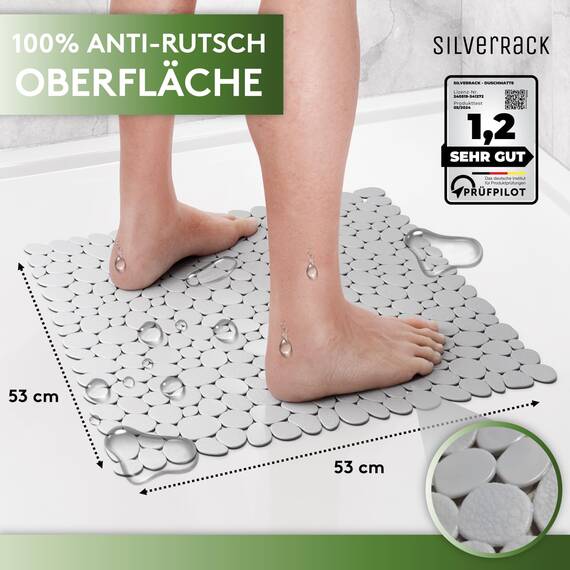 SilverRack Anti-Rutsch-Duschmatte, 53 x 53 cm (grau, in Steinoptik) - BPA-freie Antirutsch-Duschmatte - Badematte Badematte rutschsicher und maschinenwaschbar - Matte