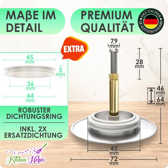Kitchen Helpis® 2 Badewannenstöpsel Universal, ⌀ 72 mm Stöpsel, ROSTFREI und HOCHGLANZVERCHROMT, 100% dicht Dank passgenauer Doppeldichtung, Stöpsel für alle gängigen Badewannen da höhenverstellbar