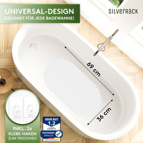 SilverRack Badewannenmatte 69x36 cm (Weiß Kiesel Steinoptik) Antirutschmatte Badewanne BPA frei - Duschmatte schimmelresistent & maschinenwaschbar - Badematte rutschfest