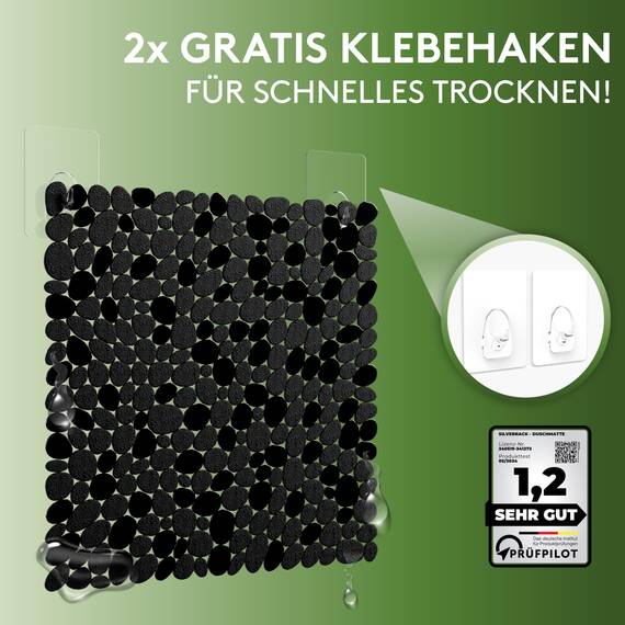 SilverRack DermaSensitivo Duschmatte rutschfest 100% BPA frei (Schwarz Kieselstein) 53x53cm für Kinder und Babys - Duschmatte rutschfest für sicheren Halt in der Dusche