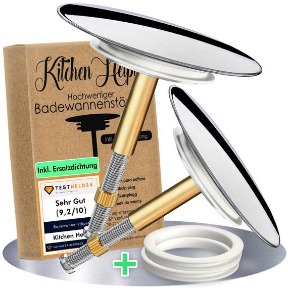 Kitchen Helpis® 2 Badewannenstöpsel Universal, ⌀ 72 mm Stöpsel, ROSTFREI und HOCHGLANZVERCHROMT, 100% dicht Dank passgenauer Doppeldichtung, Stöpsel für alle gängigen Badewannen da höhenverstellbar