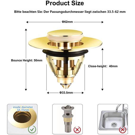 Pop up Abflussstopfen Universal Edelstahl-RüCkprall Kern Push-Typ Ablaufgarnitur Sieb Mit 2 Dichtungen füR Zwischen 32~38 mm Bad KüChen Waschbecken Abfluss ZubehöR (Gold)