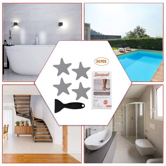 Secopad Anti-Rutsch Aufkleber 24 STK Sicherheitsstreifen für Badewanne, Klebende Sticker mit Premium Schaber für Badewanne, Dusche, Treppe (Grau)