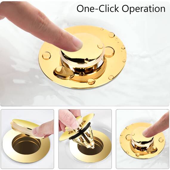 Pop up Abflussstopfen Universal Edelstahl-RüCkprall Kern Push-Typ Ablaufgarnitur Sieb Mit 2 Dichtungen füR Zwischen 32~38 mm Bad KüChen Waschbecken Abfluss ZubehöR (Gold)