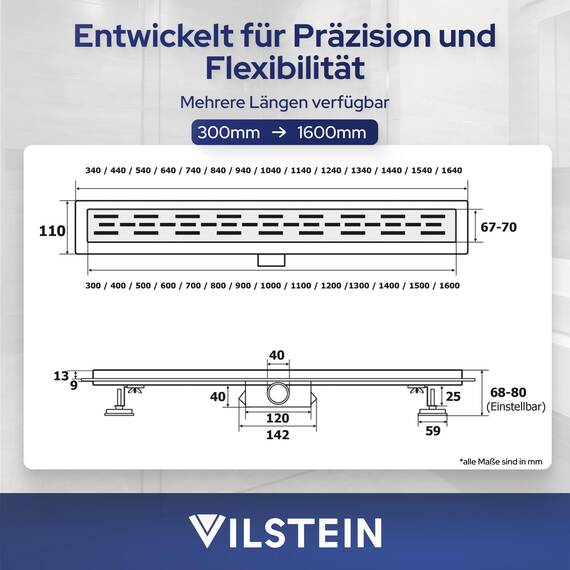 VILSTEIN® Duschrinne Edelstahl Extra Flach [80CM] - Bodenabfluss Dusche Komplettset - Ablaufrinne Dusche - Duschabfluss - Siphon mit Geruchsstop & Haarsieb - Randablauf - Duschablauf