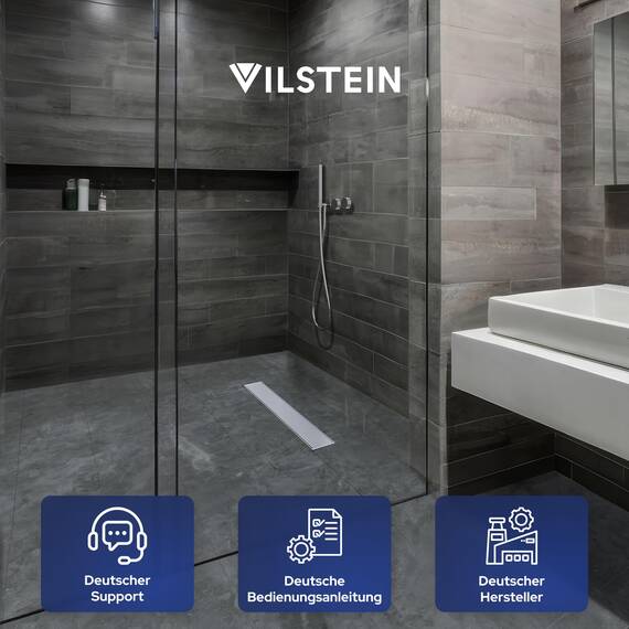 VILSTEIN® Duschrinne Edelstahl Extra Flach [50CM] - Bodenabfluss Dusche Komplettset - Ablaufrinne Dusche - Duschabfluss - Siphon mit Geruchsstop & Haarsieb - Randablauf - Duschablauf