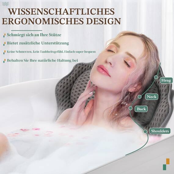 Badekissen RUVINCE Ergonomisches Luxus-Badewannenkissen mit Kopf-, Nacken-, Schulter- und Rückenstütze, 4D-Badekissen für die Badewanne mit 6 leistungsstarken Saugnäpfen, passend für alle Badewannen