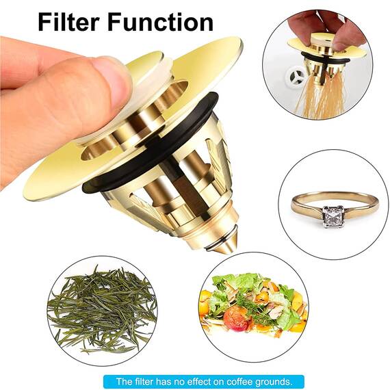 Pop up Abflussstopfen Universal Edelstahl-RüCkprall Kern Push-Typ Ablaufgarnitur Sieb Mit 2 Dichtungen füR Zwischen 32~38 mm Bad KüChen Waschbecken Abfluss ZubehöR (Gold)