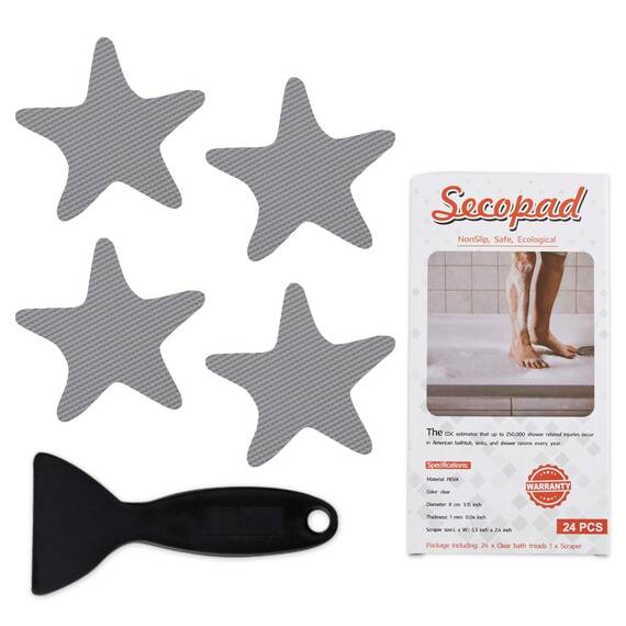 Secopad Anti-Rutsch Aufkleber 24 STK Sicherheitsstreifen für Badewanne, Klebende Sticker mit Premium Schaber für Badewanne, Dusche, Treppe (Grau)