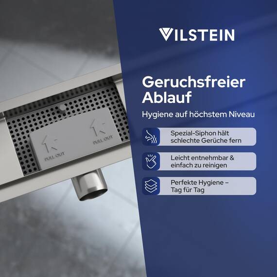 VILSTEIN® Duschrinne Edelstahl Extra Flach [130CM] - Bodenabfluss Dusche Komplettset - Ablaufrinne Dusche - Duschabfluss - Siphon mit Geruchsstop & Haarsieb - Randablauf - Duschablauf