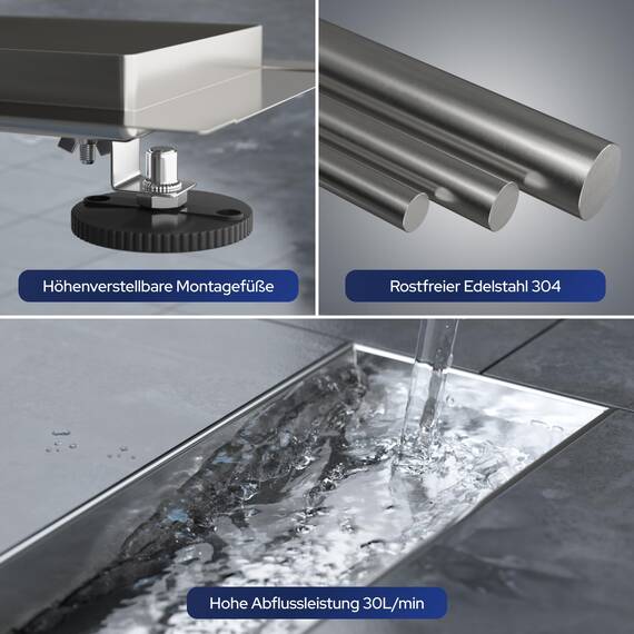 VILSTEIN® Duschrinne Edelstahl Extra Flach [120CM] - Bodenabfluss Dusche Komplettset - Ablaufrinne Dusche - Duschabfluss - Siphon mit Geruchsstop & Haarsieb - Randablauf - Duschablauf