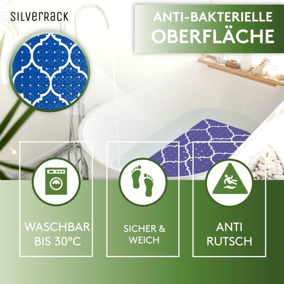 SilverRack Badewannenmatte 100x40 cm (Marokko Motiv Dunkelblau) - Antirutschmatte Badewanne BPA frei für Kinder und Babys - Duschmatte schimmelresistent & maschinenwaschbar - Boho Badematte