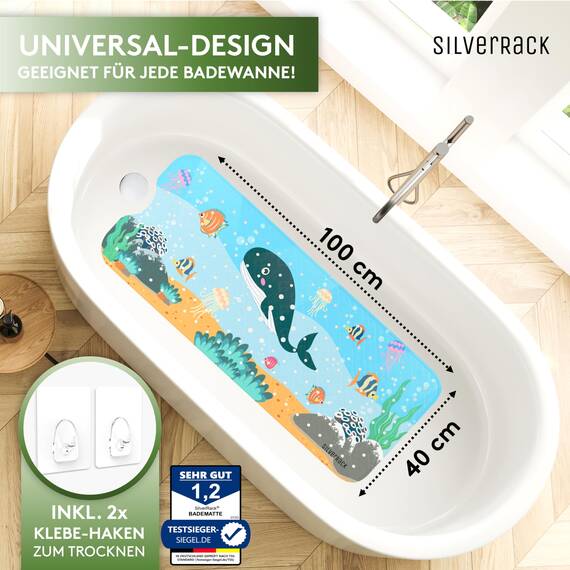 SilverRack Kinder Badewannenmatte 100x40 cm (Wal Motiv) - Antirutschmatte Badewanne BPA frei für Kinder und Babys - Duschmatte schimmelresistent & maschinenwaschbar - Badematte rutschfest