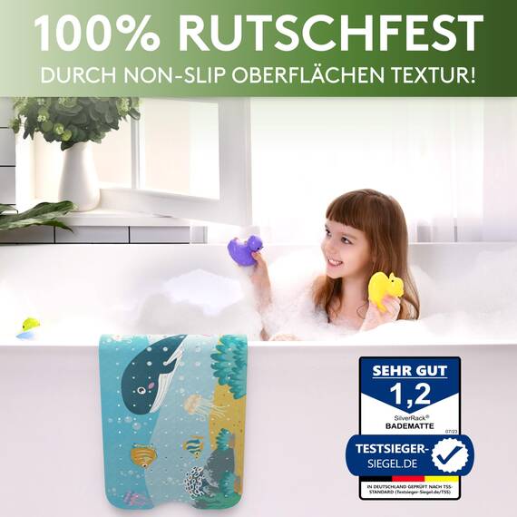 SilverRack Kinder Badewannenmatte 100x40 cm (Wal Motiv) - Antirutschmatte Badewanne BPA frei für Kinder und Babys - Duschmatte schimmelresistent & maschinenwaschbar - Badematte rutschfest