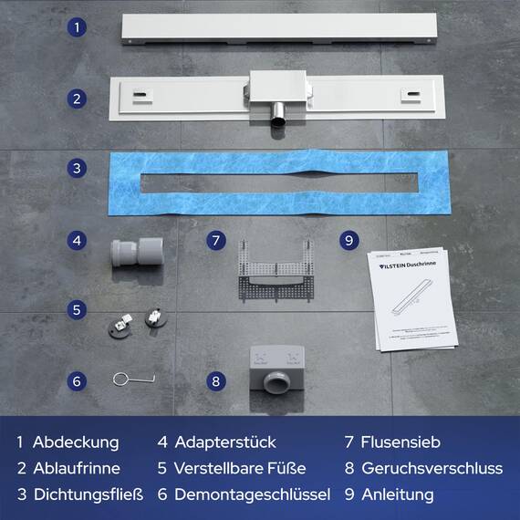 VILSTEIN® Duschrinne Edelstahl Extra Flach [150CM] - Bodenabfluss Dusche Komplettset - Ablaufrinne Dusche - Duschabfluss - Siphon mit Geruchsstop & Haarsieb - Randablauf - Duschablauf