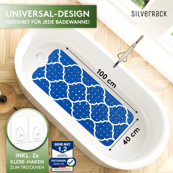 SilverRack Badewannenmatte 100x40 cm (Marokko Motiv Dunkelblau) - Antirutschmatte Badewanne BPA frei für Kinder und Babys - Duschmatte schimmelresistent & maschinenwaschbar - Boho Badematte