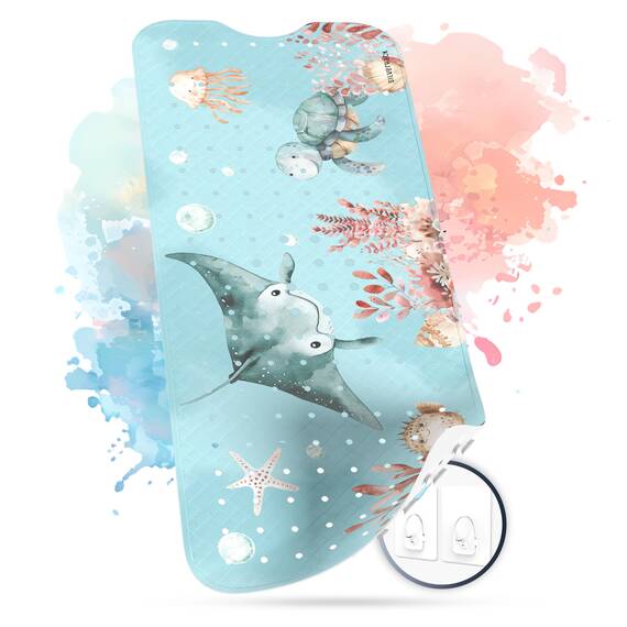 SilverRack Badewannenmatte Kinder rutschfest [100x40cm] - Antirutschmatte Badewanne BPA frei - Badematte Kinder - für Baby & Kinder - Rochen Unterwasserwelt Grün rechts