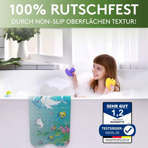 SilverRack Kinder Badewannenmatte 100x40 cm (Delfin Motiv) - Antirutschmatte Badewanne BPA frei für Kinder und Babys - Duschmatte schimmelresistent & maschinenwaschbar - Badematte rutschfest