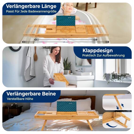 SereneLife Badewannenablage aus Bambus ausziehbar bis 43 cm – Faltbares Badewannenbrett mit weicher Tablet- und Buchstütze, rutschfest, Wellness Geschenk