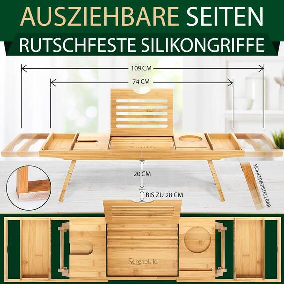 SereneLife Badewannenablage aus Bambus 2-in-1 als Bett Tablett – Ausziehbares Badewannenbrett 75–108 cm, höhenverstellbar, klappbar mit stabiler Buch- und Tabletstütze