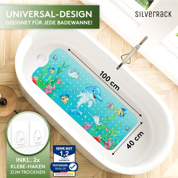 SilverRack Kinder Badewannenmatte 100x40 cm (Delfin Motiv) - Antirutschmatte Badewanne BPA frei für Kinder und Babys - Duschmatte schimmelresistent & maschinenwaschbar - Badematte rutschfest