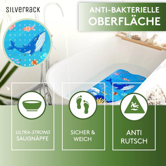 SilverRack Kinder Badewannenmatte 100x40 cm (Wal Welle Motiv) - Antirutschmatte Badewanne BPA frei für Kinder und Babys - Duschmatte schimmelresistent & maschinenwaschbar - Badematte rutschfest