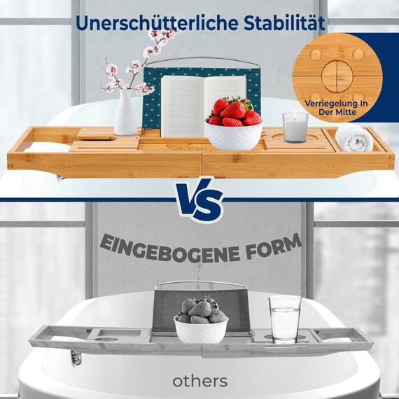 SereneLife Badewannenablage aus Bambus ausziehbar bis 43 cm – Faltbares Badewannenbrett mit weicher Tablet- und Buchstütze, rutschfest, Wellness Geschenk