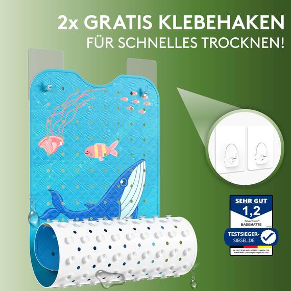 SilverRack Kinder Badewannenmatte 100x40 cm (Wal Welle Motiv) - Antirutschmatte Badewanne BPA frei für Kinder und Babys - Duschmatte schimmelresistent & maschinenwaschbar - Badematte rutschfest