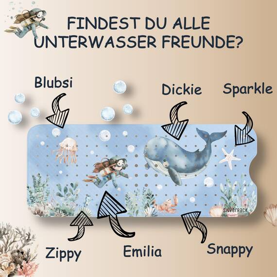 SilverRack Badewannenmatte Kinder rutschfest [100x40cm] - Antirutschmatte Badewanne BPA frei - Badematte Kinder - für Baby & Kinder - Wal Unterwasserwelt Blau rechts