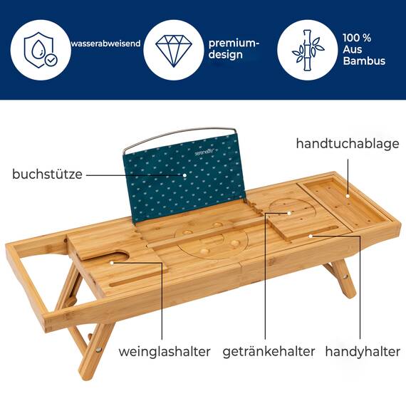 SereneLife Badewannenablage aus Bambus ausziehbar bis 43 cm – Faltbares Badewannenbrett mit weicher Tablet- und Buchstütze, rutschfest, Wellness Geschenk