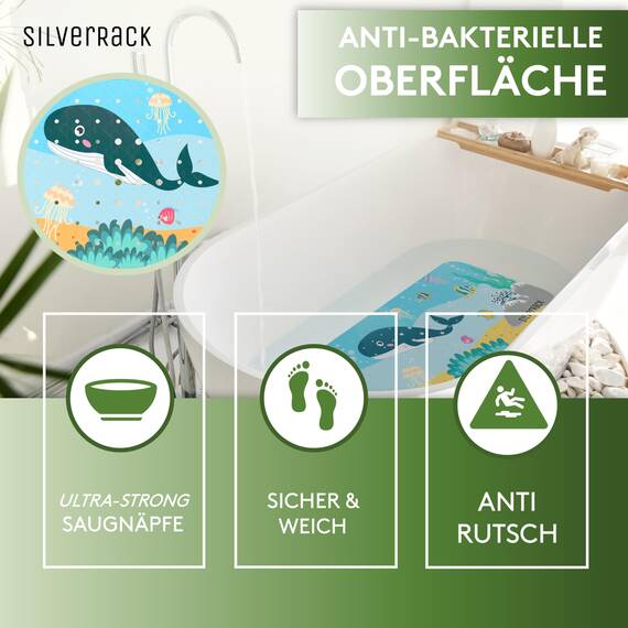SilverRack Kinder Badewannenmatte 100x40 cm (Wal Motiv) - Antirutschmatte Badewanne BPA frei für Kinder und Babys - Duschmatte schimmelresistent & maschinenwaschbar - Badematte rutschfest