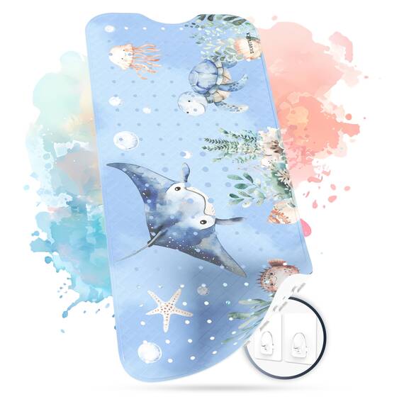 SilverRack Badewannenmatte Kinder rutschfest [100x40cm] - Antirutschmatte Badewanne BPA frei - Badematte Kinder - für Baby & Kinder - Rochen Unterwasserwelt Blau rechts