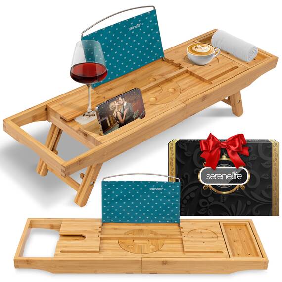 SereneLife Badewannenablage aus Bambus ausziehbar bis 43 cm – Faltbares Badewannenbrett mit weicher Tablet- und Buchstütze, rutschfest, Wellness Geschenk