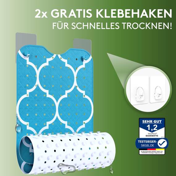 SilverRack Badewannenmatte 100x40 cm (Marokko Motiv Türkis) - Antirutschmatte Badewanne BPA frei für Kinder und Babys - Duschmatte schimmelresistent & maschinenwaschbar - Boho Badematte