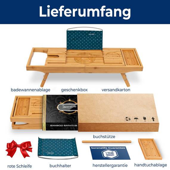 SereneLife Badewannenablage aus Bambus ausziehbar bis 43 cm – Faltbares Badewannenbrett mit weicher Tablet- und Buchstütze, rutschfest, Wellness Geschenk