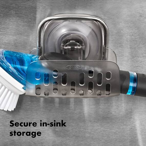 OXO Good Grips Schwammhalter für das Spülbecken, grau – Küchenorganizer mit Stronghold-Saugnapfhalterung