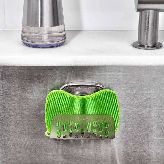 OXO Good Grips Schwammhalter für das Spülbecken, grau – Küchenorganizer mit Stronghold-Saugnapfhalterung