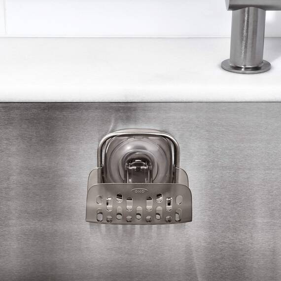 OXO Good Grips Schwammhalter für das Spülbecken, grau – Küchenorganizer mit Stronghold-Saugnapfhalterung