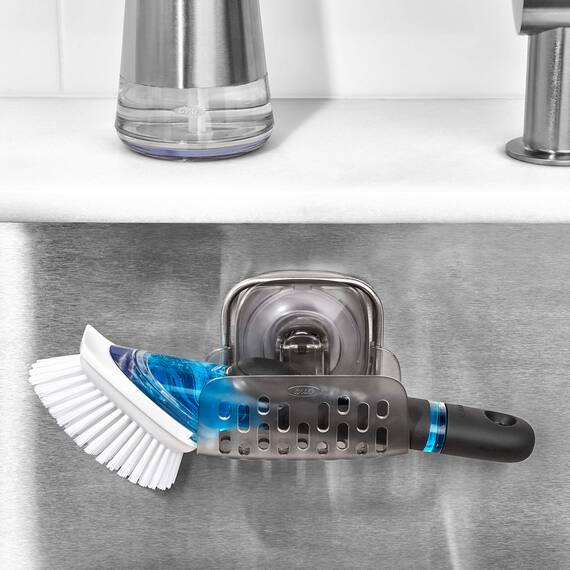 OXO Good Grips Schwammhalter für das Spülbecken, grau – Küchenorganizer mit Stronghold-Saugnapfhalterung