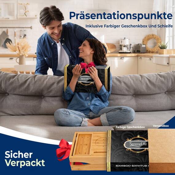 SereneLife Badewannenablage aus Bambus ausziehbar bis 43 cm – Faltbares Badewannenbrett mit weicher Tablet- und Buchstütze, rutschfest, Wellness Geschenk