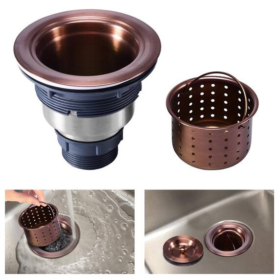 KONE 8,9 cm Spülbeckenablauf Montage Antik Kupfer Küchenspüle Abfluss Kit Kupfer Edelstahl Spüle Korb Sieb Gummistopfen, Dichtungsdeckel/Abnehmbarer Tiefer Abfallkorb für Zuhause, Küche
