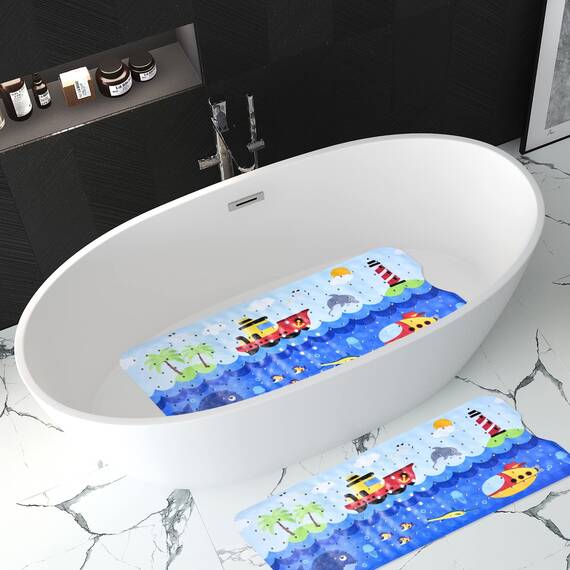 Tubozadi Rutschfeste Badewannenmatte für Babys, Kleinkinder, extra lange Badezimmer-Duschmatte mit Saugnäpfen, Abflusslöchern, 101,6 x 40,6 cm, Schiffe