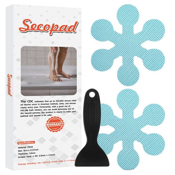 Secopad Anti-Rutsch Aufkleber 24 STK Sicherheitsstreifen für Badewanne, Klebende Sticker mit Premium Schaber für Badewanne, Dusche, Treppe (Blau)
